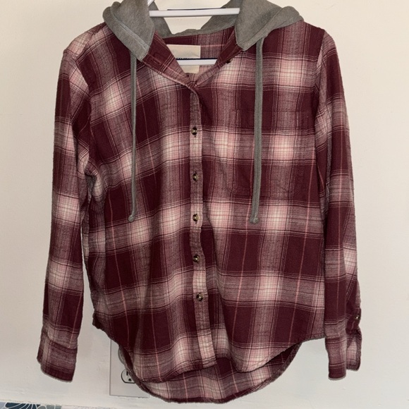 Lucky BrandšFlannel Plaid Button Front Pink Plaid Cropped Hoodie, Size Small - Picture 5 of 14